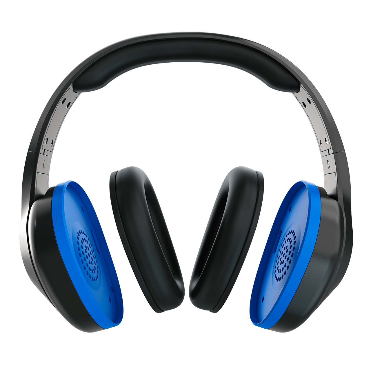 Black and blue REVO TW300 over-ear headphones with Stealth Release™ technology, featuring luxurious ear cushions and unique ear cup swivel design for superior comfort and sound quality.